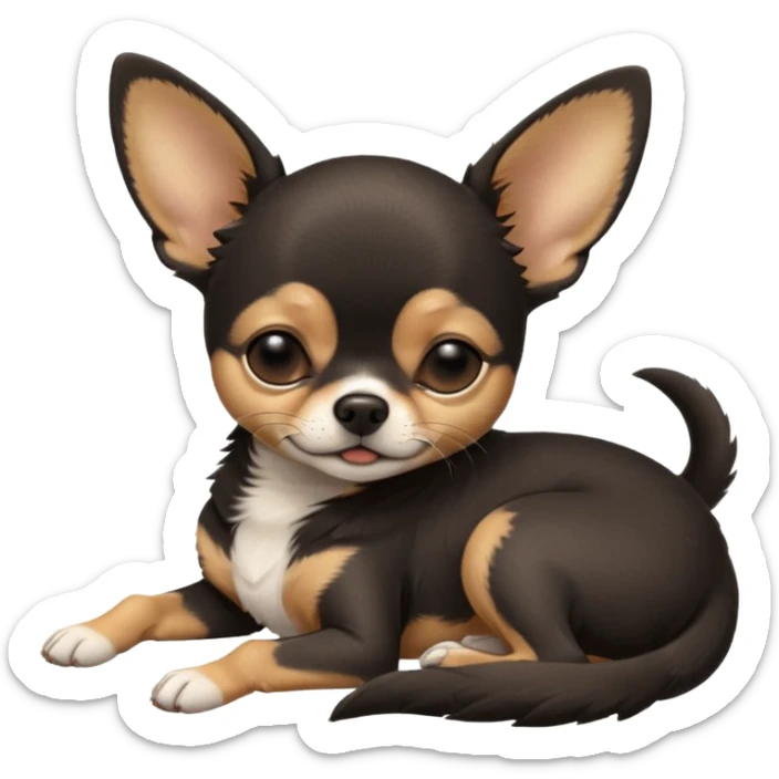 A high-resolution photo-realistic digital illustration of a cute black and tan chihuahua with eyes closed shut sleeping lazily on the ground sticker