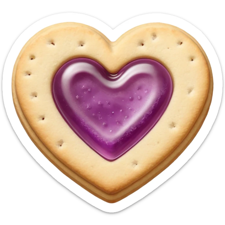 Realistic shortbread cookie in the shape of a heart with mauve jelly middle filling and sprinkled powder sugar on top. sticker