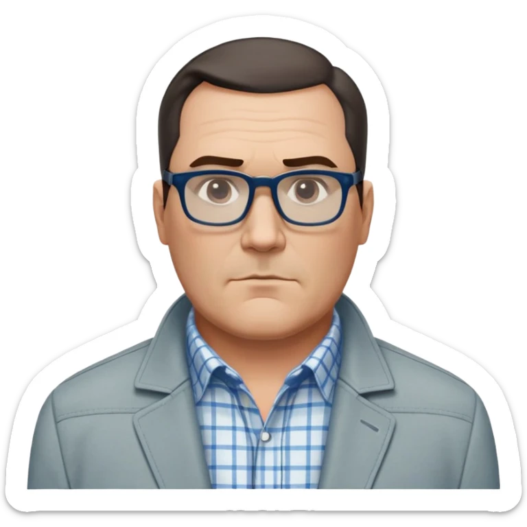 50-year-old heavyset man with very wide face and prominent square jawline. Short straight hair combed to the side, not balding. Large dark square glasses. Serious-relaxed expression. Light gray jacket that fits his larger frame, white shirt with blue checkered pattern. sticker