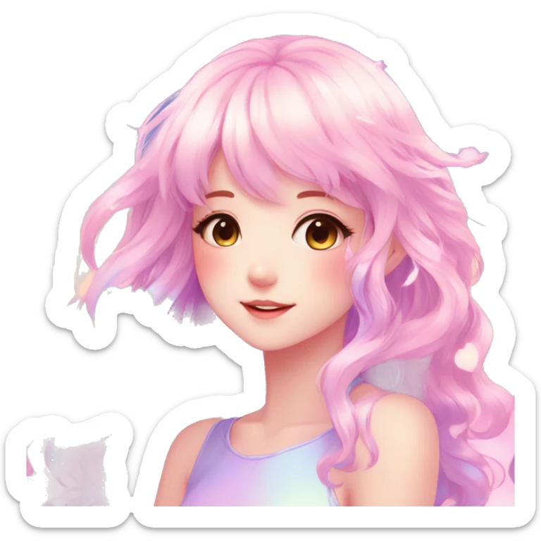 Gorgeous Beautiful Blushing Petite Colorful-Shiny-Pastel-Fairy-Anime-Girl with beautiful gradient pastel hair aesthetic with white border sticker