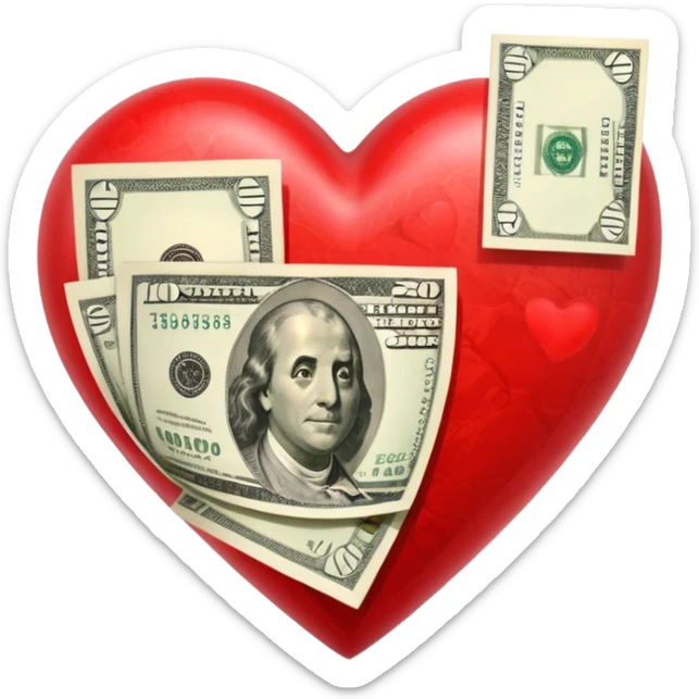 "Realistic HD red heart fused with money, cash integrated into the heart, glossy texture, clean white background." sticker