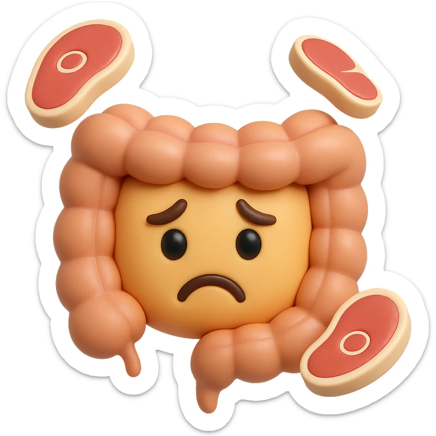 emoji stile iphone in 3d di un intestino triste con fette di carne che gli fluttuano intorno sticker
