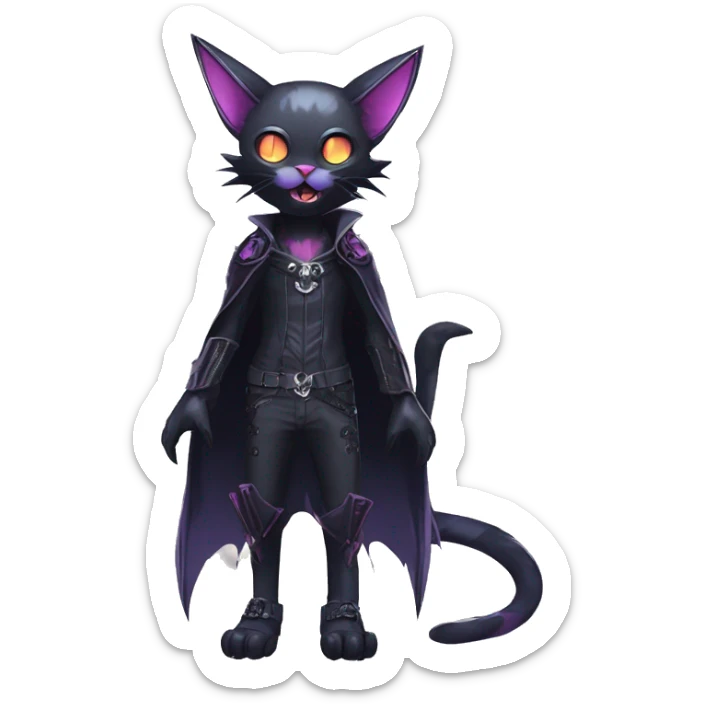   cool edgy kawaii ethereal dark-punk-themed animal vampiric cat-hybrid Fakemon with fangs and bat-wing-ears with a collar full body sticker