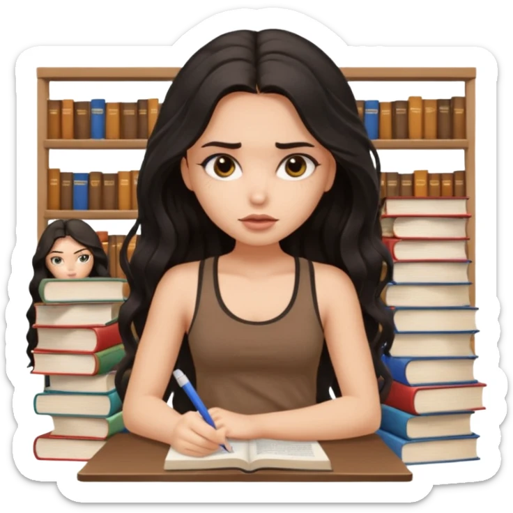 a pretty bratz light dusky girl with long wavy black hair in a brown tank top studying and lookinh tired with stacks of books and papers sticker