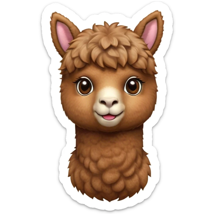 Cinematic Cute Brown Alpaca Portrait Emoji, Head tilted playfully and inquisitively, featuring a plush, rich brown fleece with a natural sheen, round, sparkling warm eyes filled with curiosity, Simplified yet irresistibly adorable features, highly detailed, glowing with a warm, friendly glow, high shine, affectionate and gentle, stylized with a touch of whimsy, bright and endearing, soft glowing outline, capturing the essence of a mischievous yet loving alpaca, so playful it feels like it could prance out of the screen and into your arms! sticker