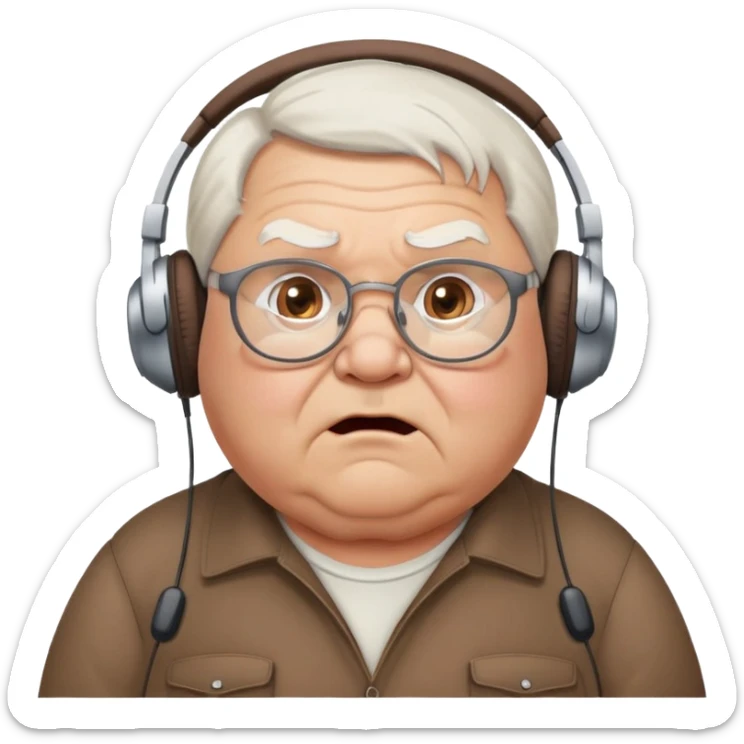 Very chubby brown old man with medium white hair, wearing glasses and headphones, looking surprised and angry, no facial hair, round full cheeks, double chin, looking to the upper left corner sticker