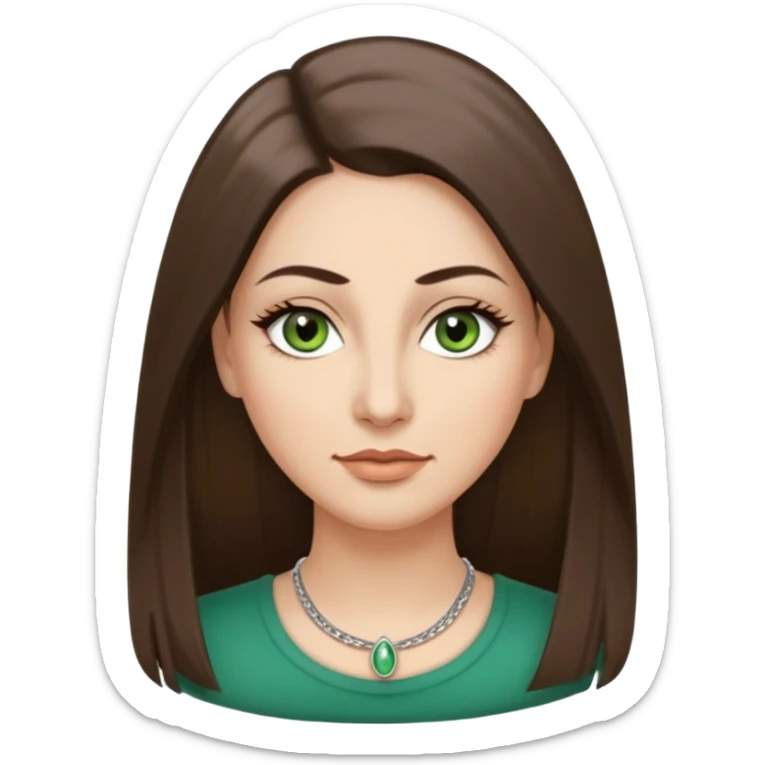40 year old Adult woman avatar, light skin tone, oval face, long straight ashy brown hair, green almond-shaped eyes with dramatic eyelashes and minimal eyeliner, neutral mouth, medium straight eyebrows, small nose, smooth skin sticker
