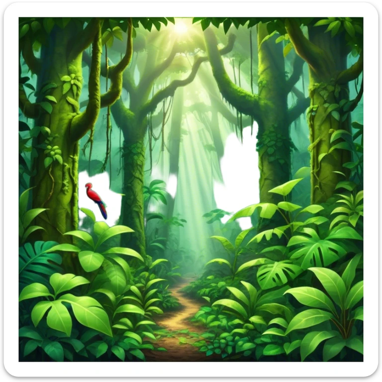 Cinematic Realistic Rainforest Emoji in a frame, Lush and vibrant, filled with towering trees, thick vines, and dense green foliage, sunlight filtering through the canopy above, creating dappled patches of light on the rich, diverse undergrowth. The air is heavy with moisture, with mist rising from the forest floor and distant calls of exotic birds and animals echoing through the trees. Soft glowing outline, capturing the essence of a thriving, untamed tropical paradise filled with life! sticker