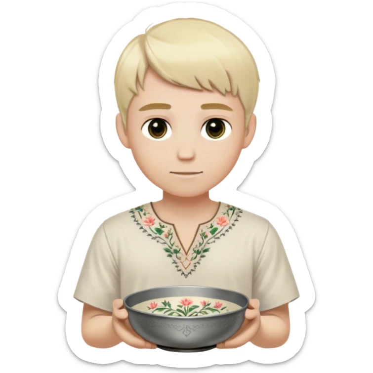 Medieval summer outfit worn by a DnD themed fantasy male character. Light cotton tunic in natural cream color with short sleeves, embroidered with simple floral patterns at the hem, paired with a thin leather belt. Clothes only above the waist, full waist coverage. The character has no arms. Character is white-skinned with pale blonde hair cut in a traditional bowl style, neatly trimmed around the ears and nape, steel gray eyes, and gentle features. sticker