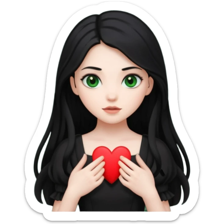 Pale girl with long black hair and dark green eyes wearing black dress and holding black heart sticker