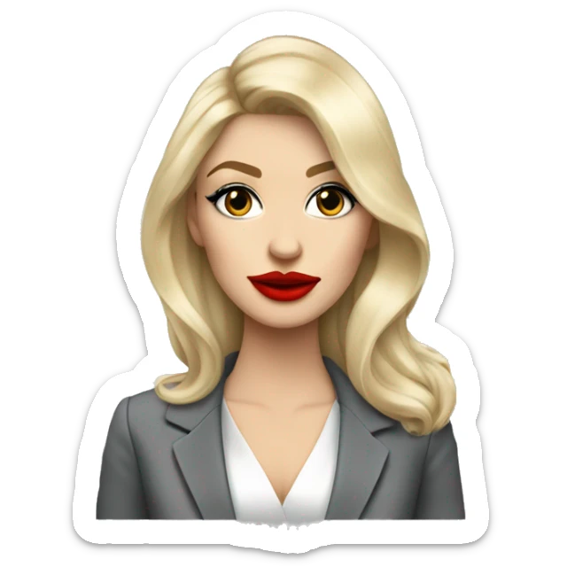 Russian Blonde long hair with big red lips small nose and black eyes Tiffany diamond seller in a grey suit sticker