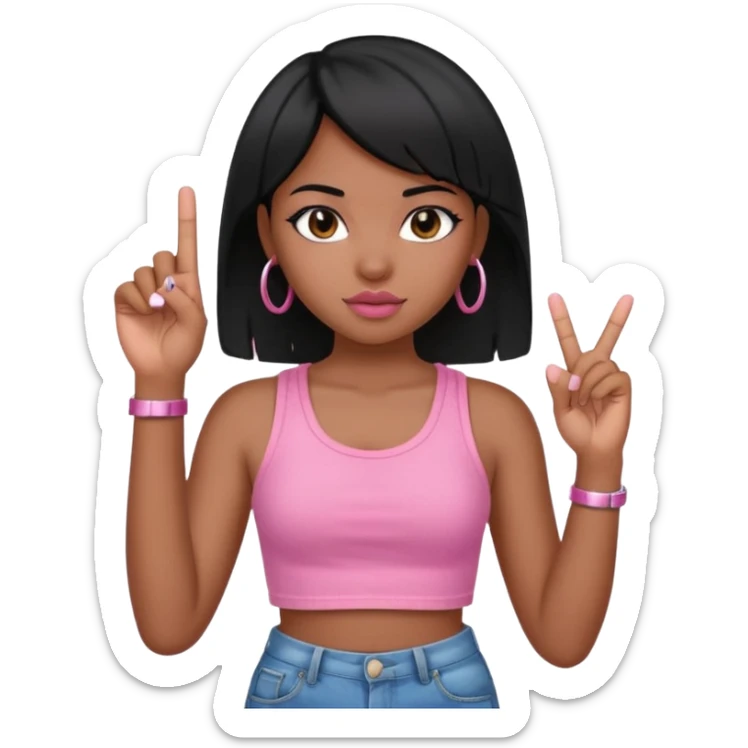 Black girl with straight black hair, giving middle finger, pink crop top and jeans shorts sticker