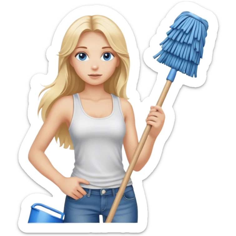  blonde with long hair and blue eyes, dressed in jeans and a tank top, holding a mop in her hands sticker