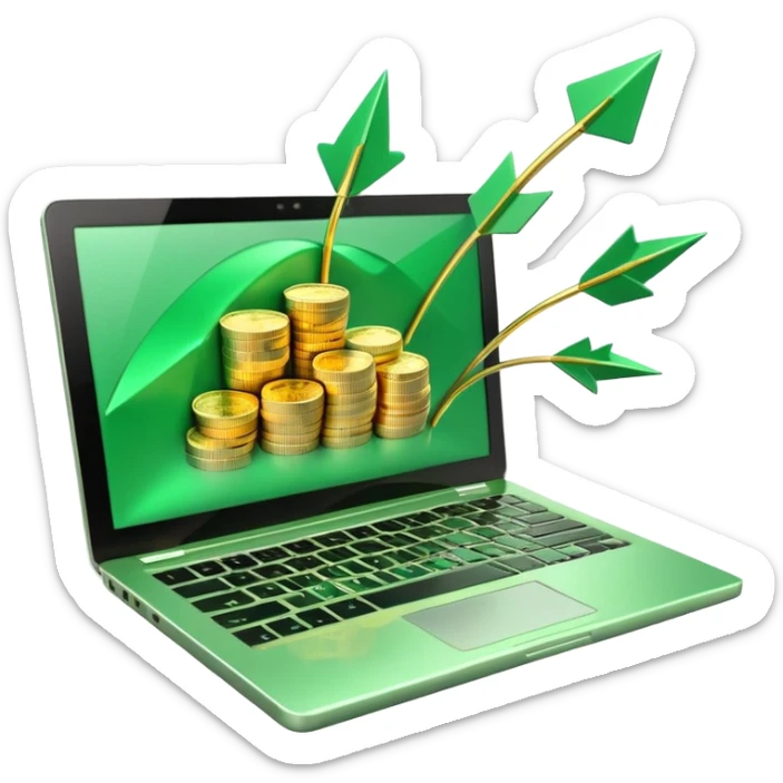 3D laptop icon with gold coins flying out of screen, green color (#0B3D2C), gold accents (#C9B037), upward arrows, glossy modern style, transparent background sticker
