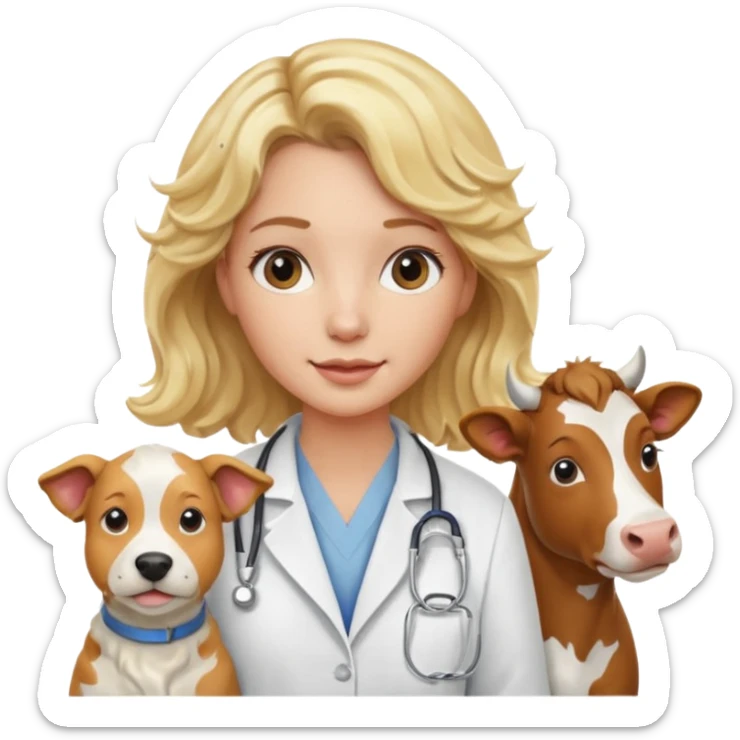 Joven mujer, de cabello rubio con ondas, veterinaria de perros, vacas y caballos sticker