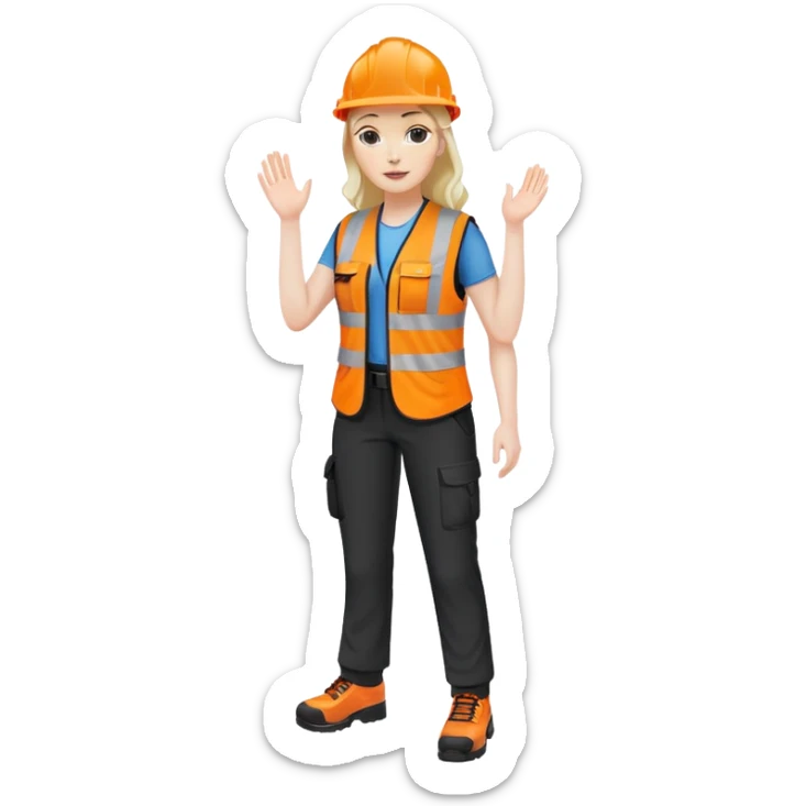 female, orange, hi-vis vest, dark trousers, shoes, hand raised sticker