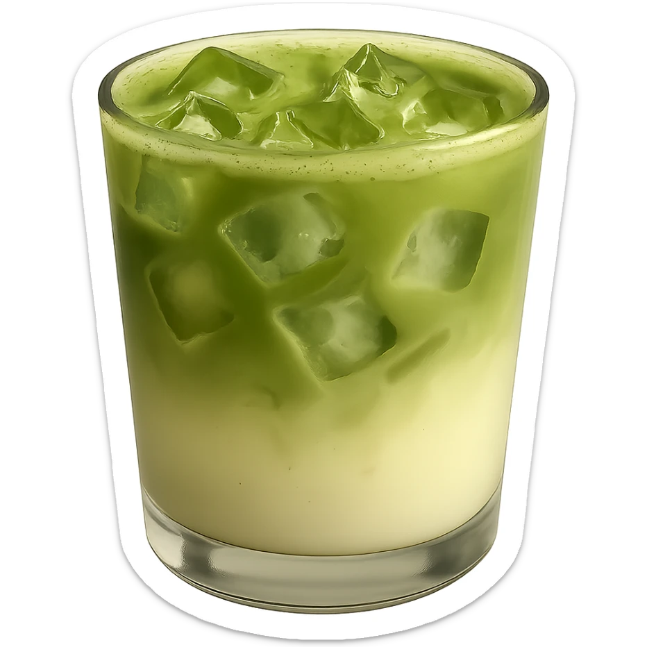 Add ice cubes to the matcha latte in the clear glass, preserve the smooth green-to-milk gradient and cozy look, no background. Keep the glass transparent and the gradient gentle and smooth. sticker