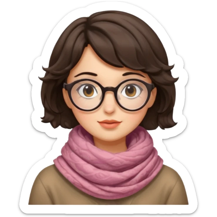 A shy brunette hair wavy short hair woman with big round glasses and thick scarf, blushing from the cold. sticker