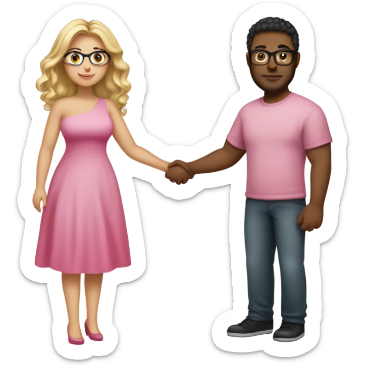 Curvy woman not wearing glasses with long blonde hair and green eyes wearing a pink dress and holding hands with a brown man with short curly black hair and glasses sticker