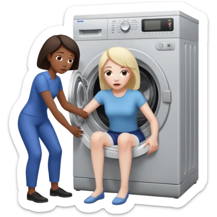 Eine Frau mit dem Kopf  in der Waschmaschine feststeckt und zwei Männer ziehen an ihren Beinen um ihr zu helfen  sticker