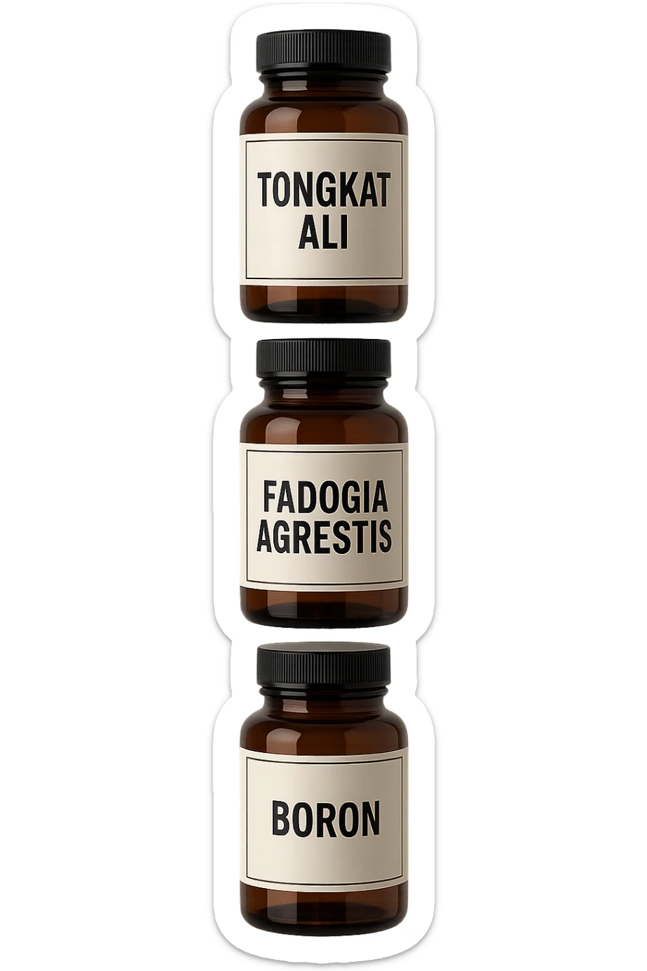 4 boccette di integratore: Tongkat Ali, Fadogia Agrestis, Boron e Zinco fluttuano in aria verticalmente sticker