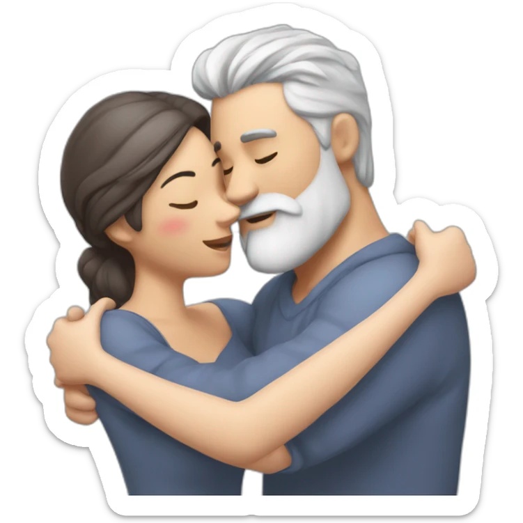 image of woman with dark brown hair kisses and hugs man with gray hair and white beard with floating hearts sticker