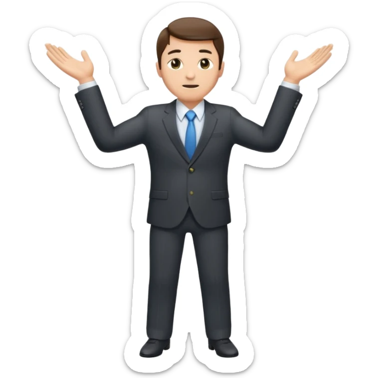 Sticker of a man in a business suit, front view, both arms extended in front of his body at waist level, below chest, hands low near the stomach, elbows slightly bent, palms facing inward as if holding an invisible box, not raised, not upward sticker