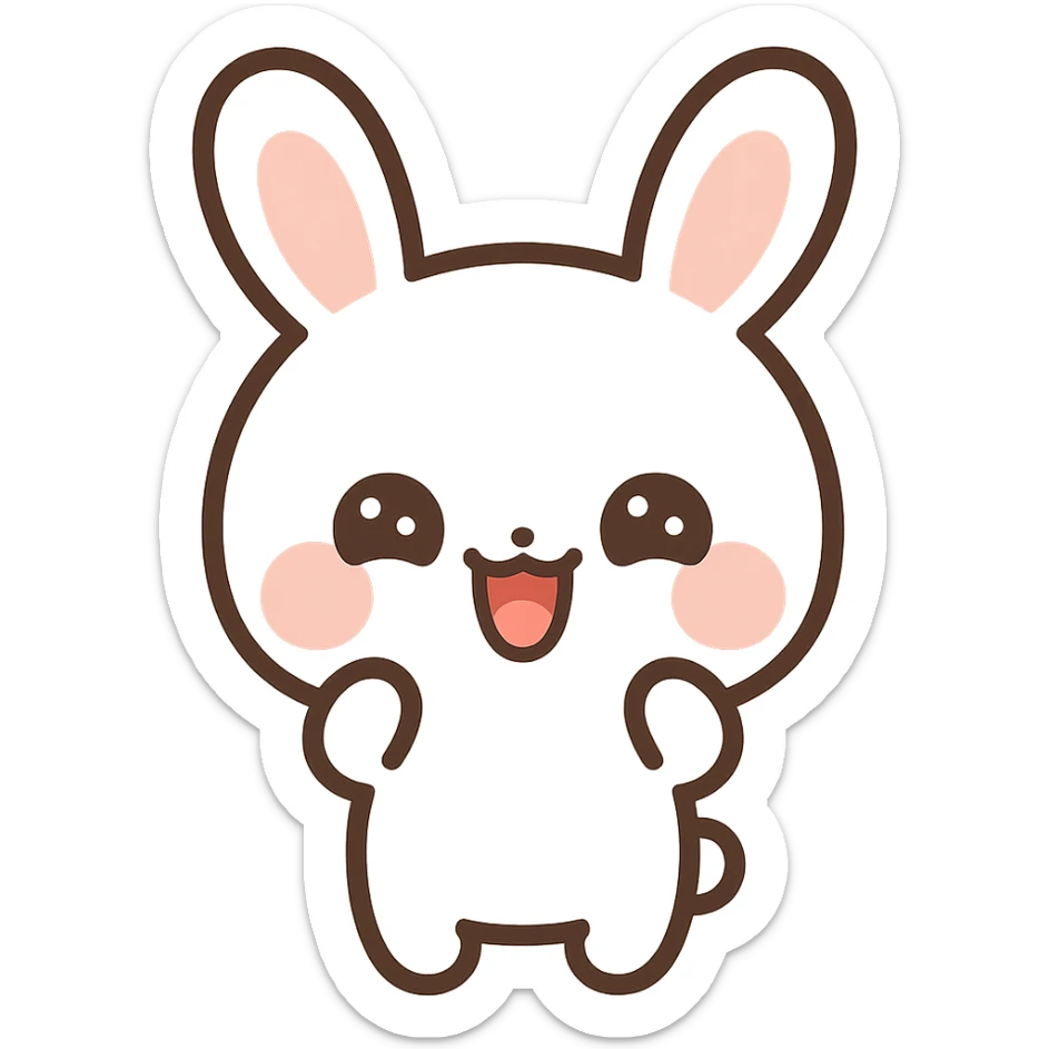 kawaii cartoon bunny, white with pink cheeks, big upright ears, pink ear insides, crescent eyes, laughing mouth, chibi style, clean lines, centered, flat colors, thick outlines, vector look, simplified shading, high-contrast expression, sticker-ready sticker
