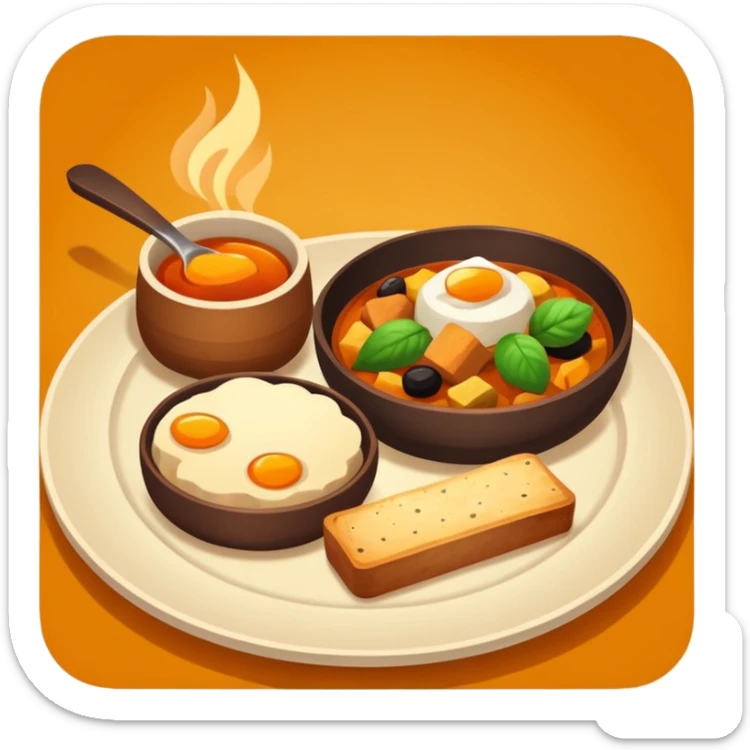 Homemade dishes on a plate, warm cozy colors, simple shapes, flat design, high contrast, friendly and inviting. sticker