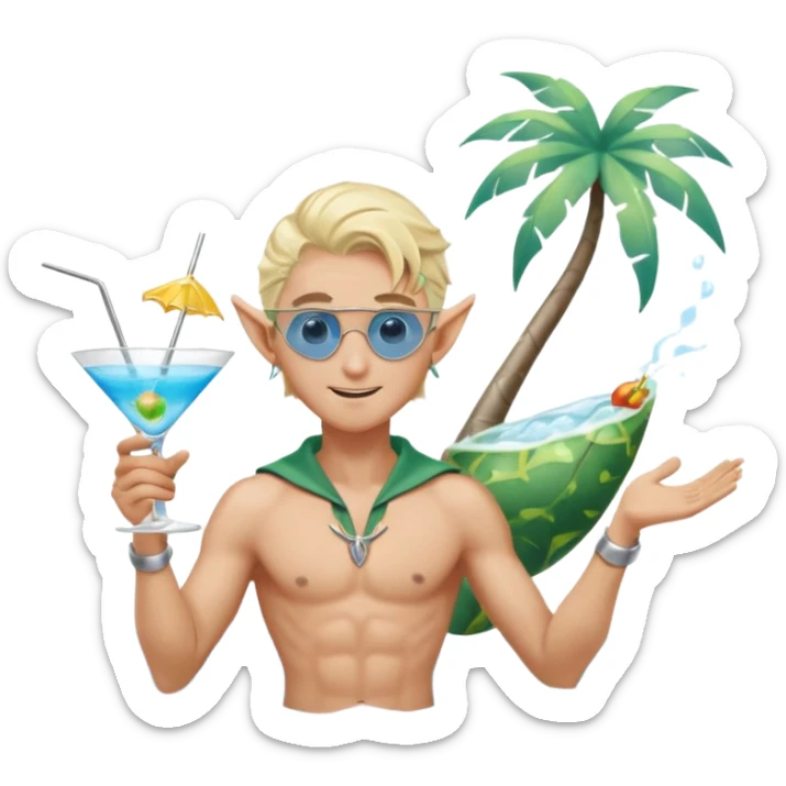 elf male legolas in stylish blue swim trunks, palm extended over cocktail glass, conjuring swirling frost and mist to chill it, silver aviator sunglasses, pointy ears, confident smirk, minimalist beach bar backdrop, centered emoji, summer magic sticker
