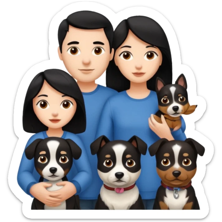 Una chica de pelo negro, con su pareja hombre y sus dos perritas una cafe y la otra negra sticker