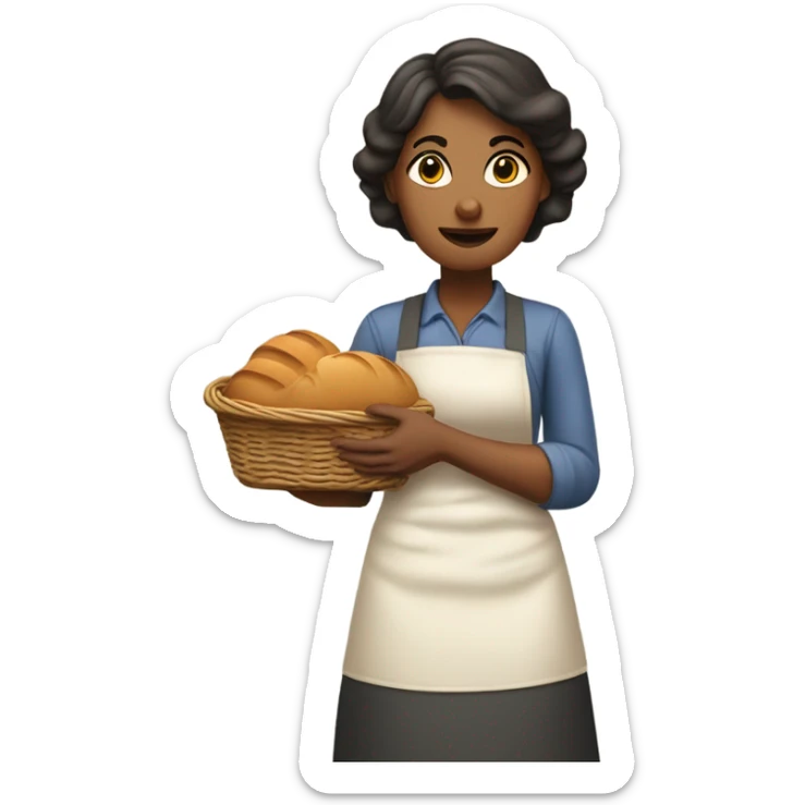 "A kind but worried woman in an apron, holding bread or a basket in a modest kitchen." sticker
