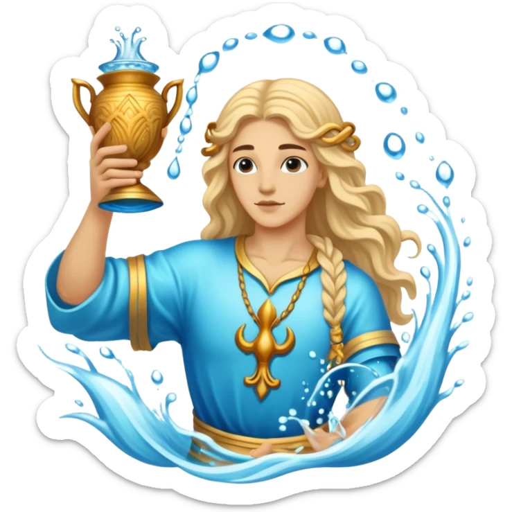 The zodiac symbol Aquarius. A mystical and beautiful water bearer, holding and pouring water from a large, intricate, and arcane vase into the sea sticker