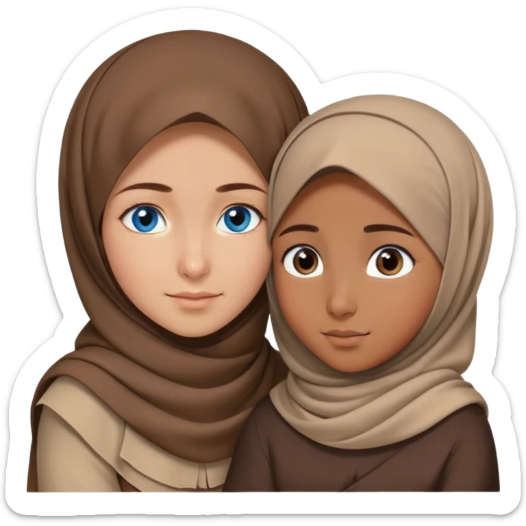 Turkish beautiful finish Konya girl blue eyes with brown beige hijab islamic dress and hugs with a boy brown haircut brother  sticker