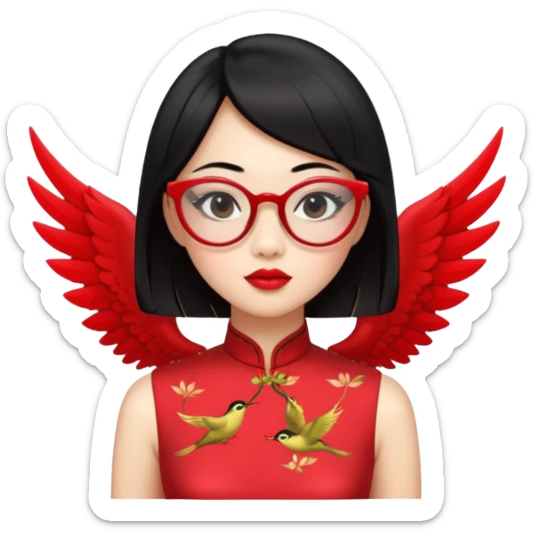 an oriental lady wearing red cheongsam, red lipstick, winged eyeliner, fair light a bit pink skin, small nose, a bit thick sensual lips, not too slim but not fat, wearing transparent glasses, black hair mid length sticker