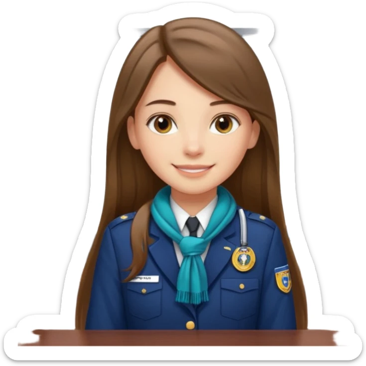 Young girl, long brown straight hair, wearing uniform jacket with hotel name badge, tasteful scarf, stand behind the desk

 sticker
