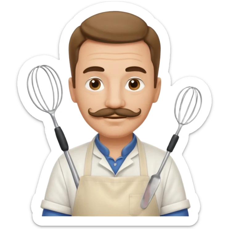 Middle-aged male pastry chef – mustache, wearing apron and whisk in hand
 sticker