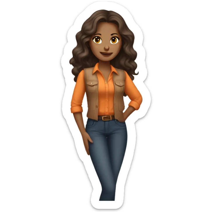 a charming tanned woman long wavy chocolate hair, caramel eyes, beige shirt, orange vest sticker