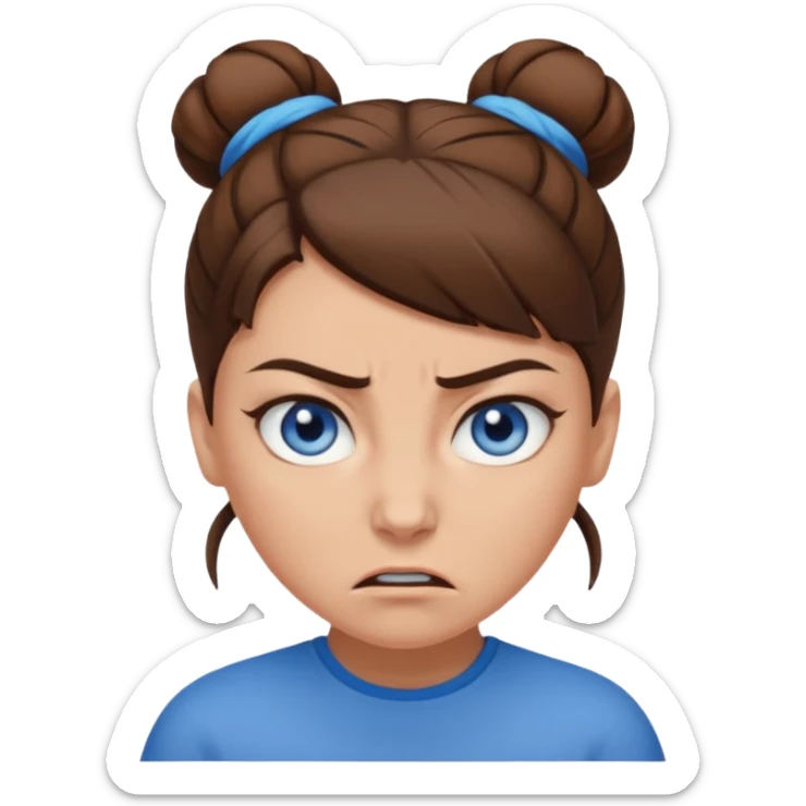 Girl with blue eyes, brown hair in a brown bun, no bangs, angry sticker