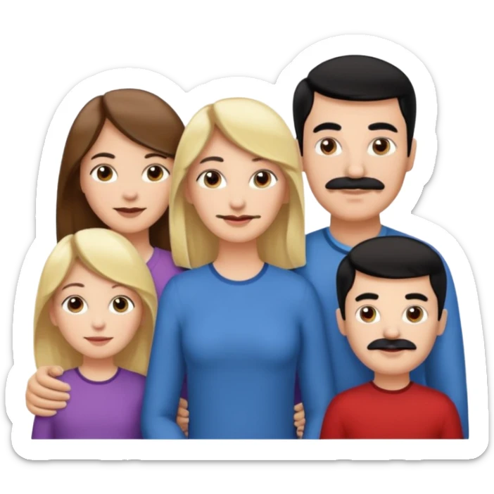 Mom with brown hair. Dad with black hair and mustache. 1 son with blonde hair. 1 son with blonde hair. 1 daughter with blonde hair. sticker