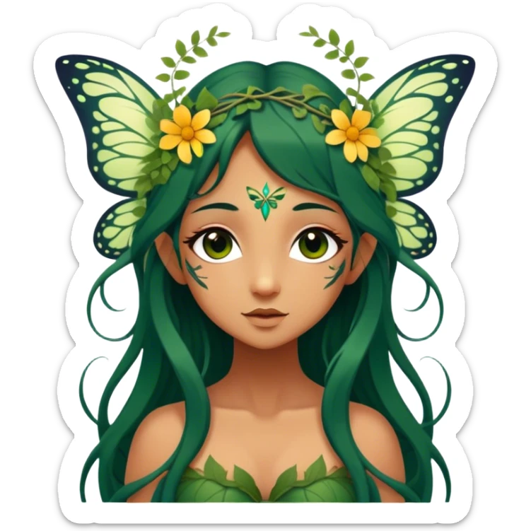 Cinematic Realistic Forest Nymph Fairy Portrait, depicted with lifelike, sun-kissed tanned skin that radiates an earthy glow, softly illuminated by natural, dappled light. Her long, flowing dark green hair is intricately detailed and interwoven with delicate vines and wildflowers, while her deep, soulful eyes mirror the wisdom of the forest. Dressed in an attire inspired by nature’s palette—with subtle botanical motifs—the portrait exudes a soft, enchanted glow that melds realism with woodland magic showing her large butterfly wings. sticker