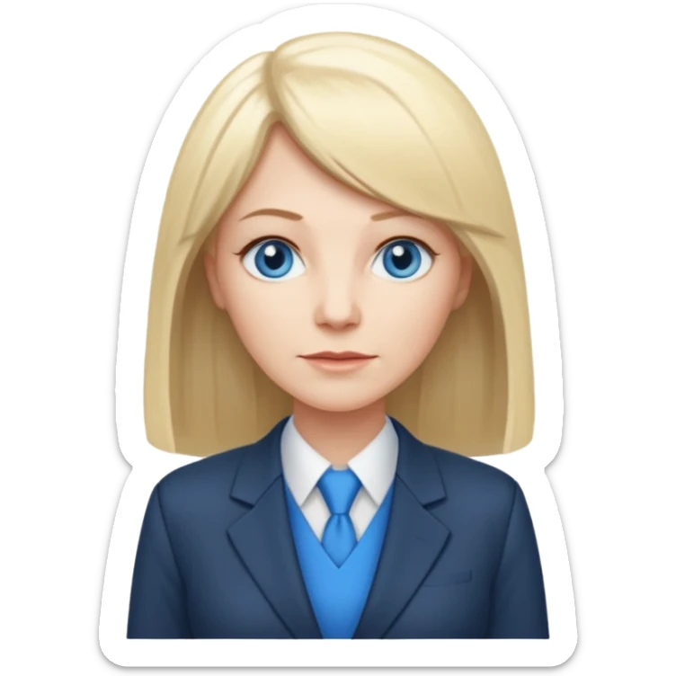 450 yr old white woman, pale skin, long straight blond hair parted in center, blue eyes, bangs, clothes for office sticker