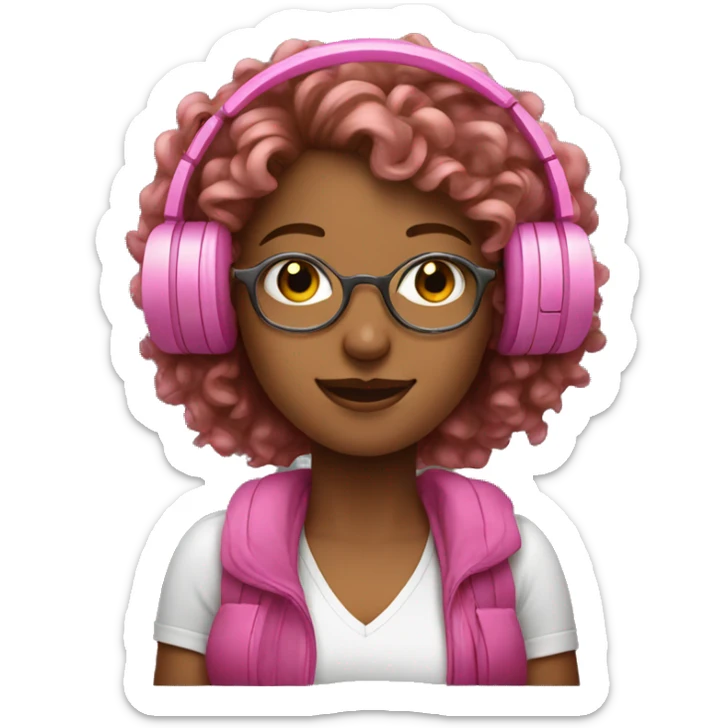 Long curly haired woman listening to music with pink headphones sticker