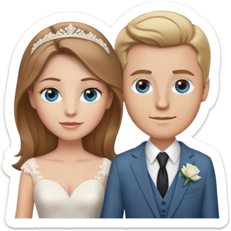 portrait of a bride with light brown hair and grey-blue eyes, and a groom with blonde hair, blue eyes, wearing a brown suit sticker