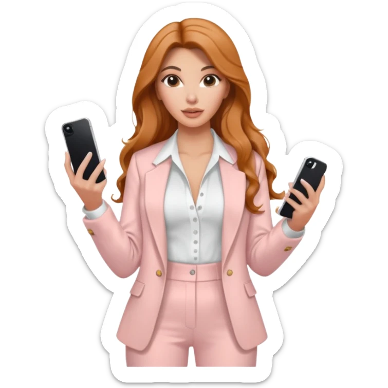 pale skin Kim Kardashian with ginger wavy long Hair, light pink  Spacious classical jacket, light pink palazzo Arrow pants and white blouse holding white IPhone 15 pro in the hands sticker