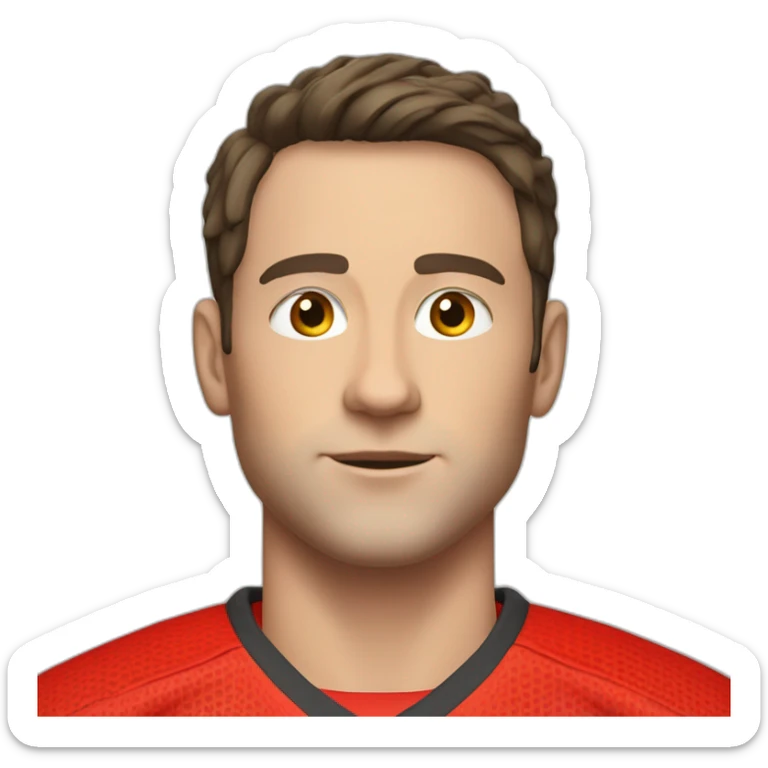 a young white man with no beard and very short dark hair and brown eyes in a red ferrari jersey sticker