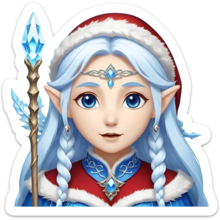 Legendary fantasy Christmas elf portrait icon, Santa Claus and Snow Maiden inspired, ancient winter spirit style, long flowing white-blue hair, glowing frost eyes, crystal staff, elegant elven features, divine winter magic aura, icy silver color palette, highly detailed but clean emoji icon sticker