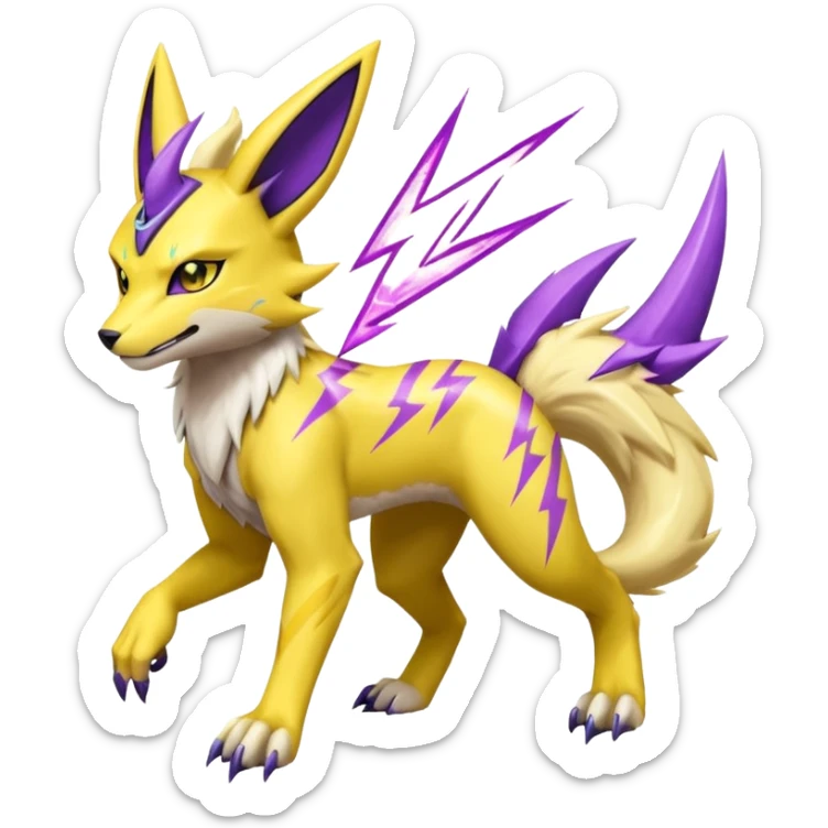 Yellow Renamon-Zeraora-Toxtricity-fusion with purple lightning-bolt-markings, and facial markings sticker