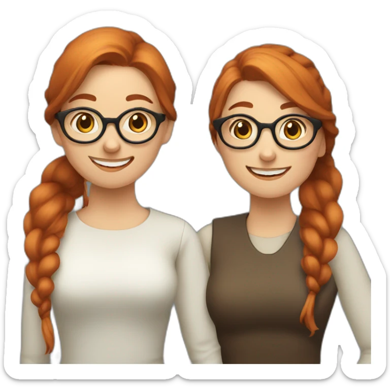 two nordic women designers being jolly, one with reddish hair, a ponytail and no glasses and the other with dark brown, no ponytail and glasses sticker