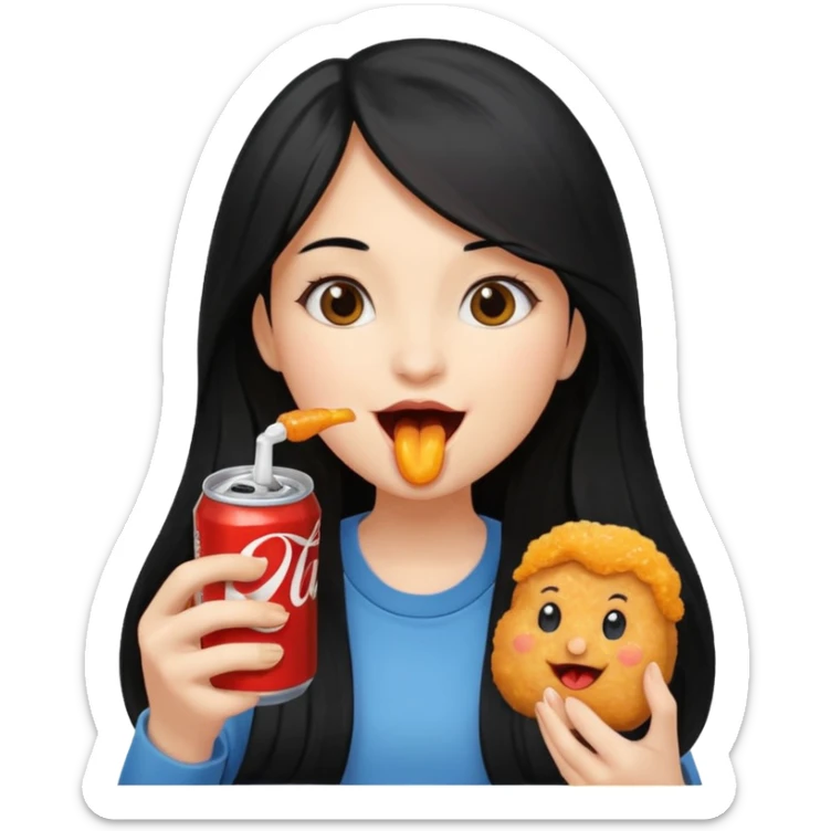 girl with long black hair eating with mouth on the chicken nugget and holding a soda can sticker